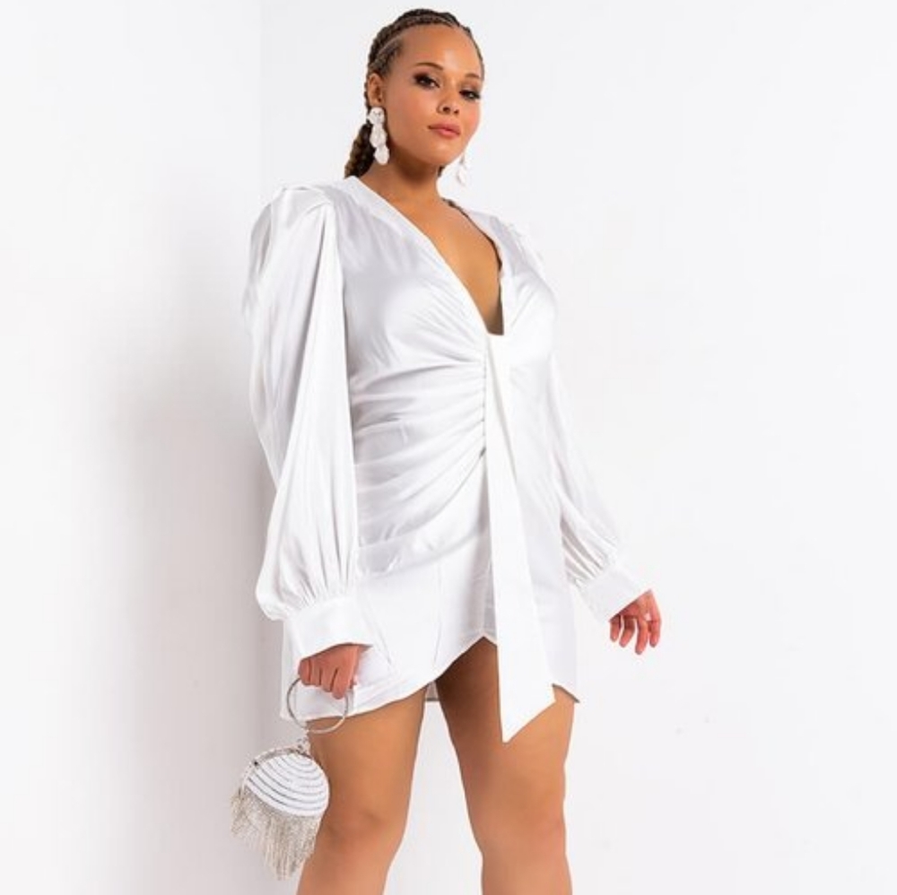 PLUS LOOK AT HER NOW DEEP V PUFF SLEEVE MINI DRESS